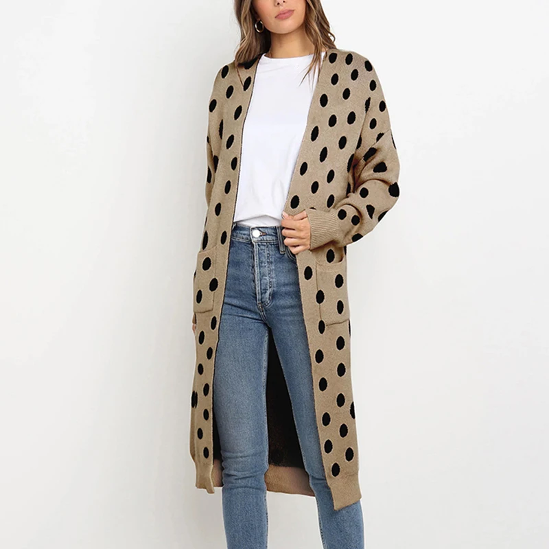 

Plus Size Women Cardigan Coat Long Sleeve Knitwear Casual Polka Dot Pockets Ladies Autumn New Fashion Cardigan Coat