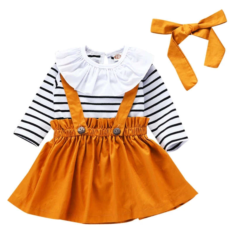 

Girls Romper Set Cute Doll Collar Striped Top Solid Color Strap Skirt + Bandana Suits Drop Shipping
