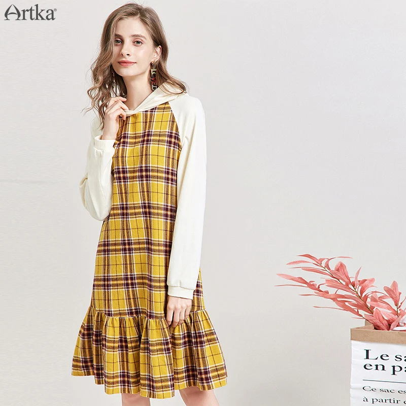 ARTKA осенне-зимнее Новое Женское платье хлопковое клетчатое сшитое платье повседневные толстовки платья с длинным рукавом платье LA15096Q