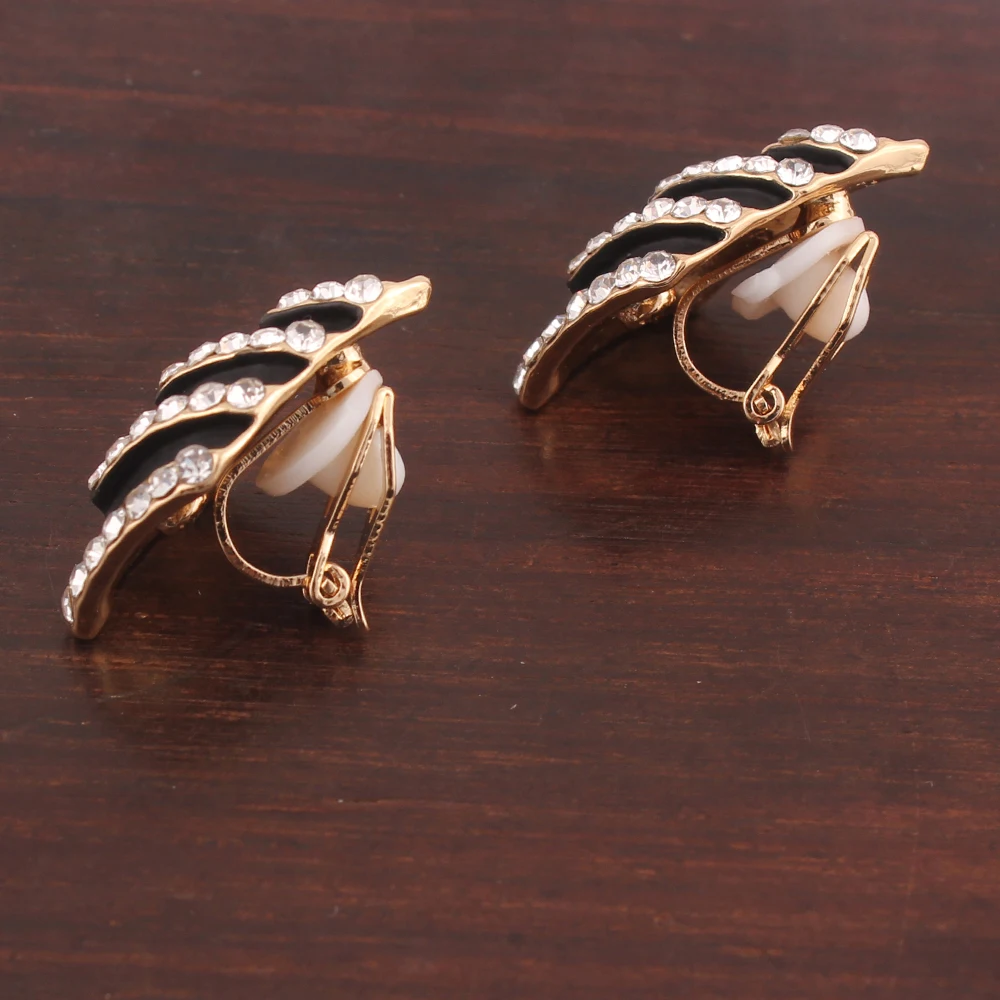 GRACE JUN Gold Black Shape Clip on Earrings for Women Elegant Rhinestone Clip Earrings No Ear Hole