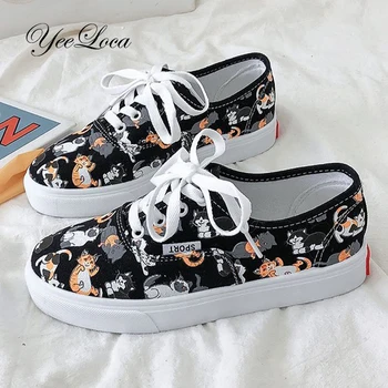 

Cat Graffiti Art Canvas Woman Shoes Sneakers Black Women's Vulcanize Shoes Flat Bottom Breathable Basket Femme Zapatos Mujer