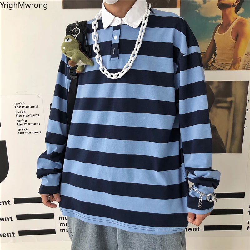 

Button Turndown Collar Block Striped Plus T Shirt T-Shirt Top Harajuku Streetwear Korean Pullover Winter Autumn Casual Oversized