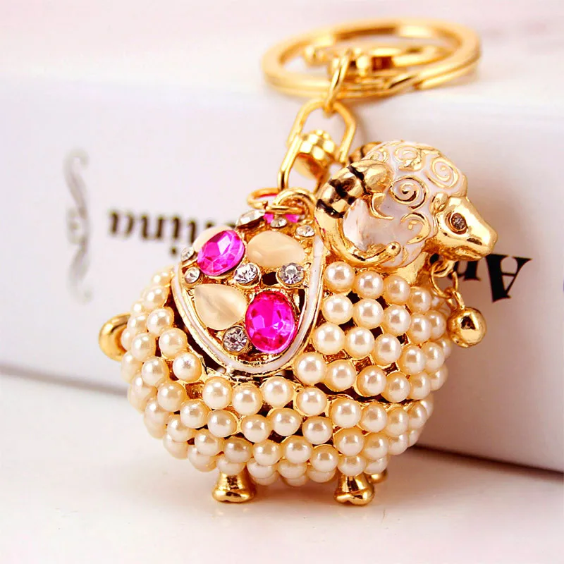

Exquisite Handmade Cute Pearl Goat Pendant Keychain Bag Buckle Car Key Ring Fashion Key Holder Key Chain Jewelry