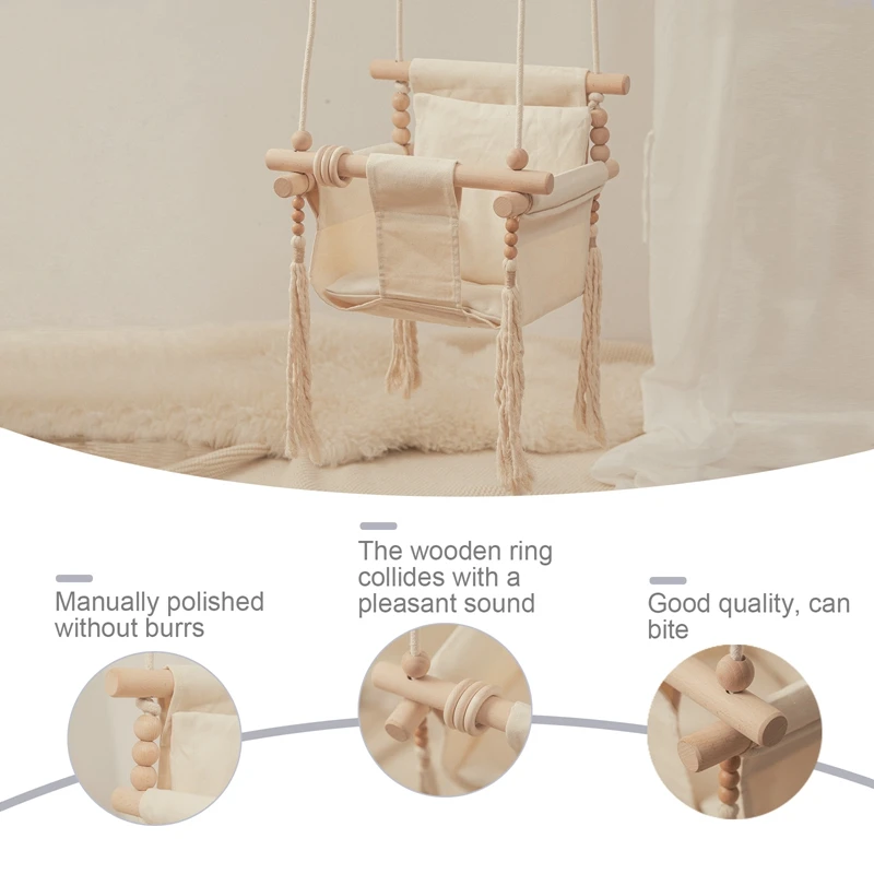 Baby Swing Canvas Children Wooden Hanging Chair Outdoor Nursery Toys Children Tassel Rocking Chair 4