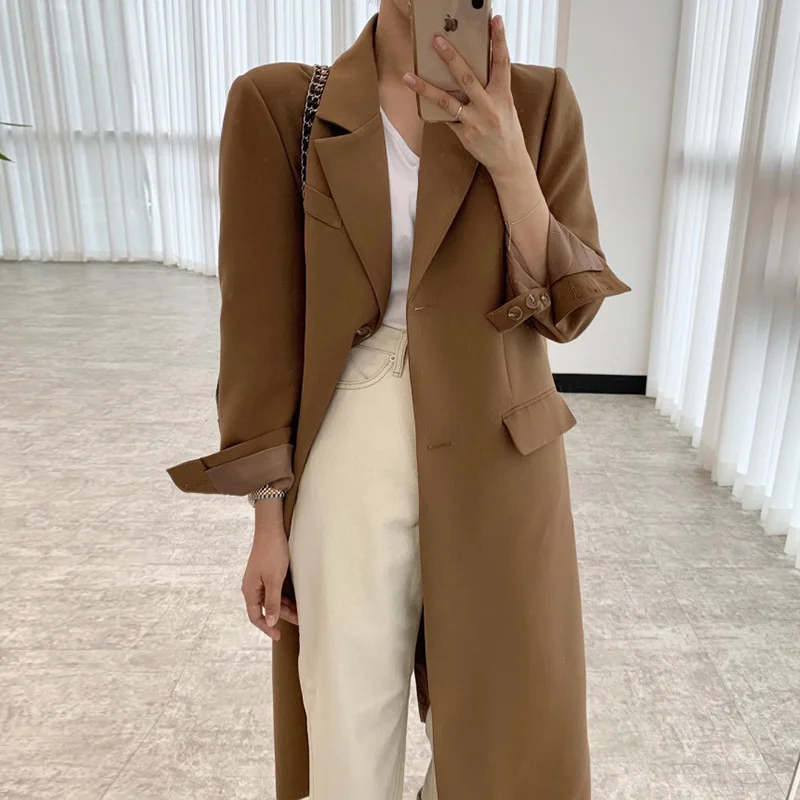 South Korea Long Trench Chic Autumn Temperament Lapel Design Two Loose Cardigan Sleeve Medium Length Suit Jacket Women | Женская одежда
