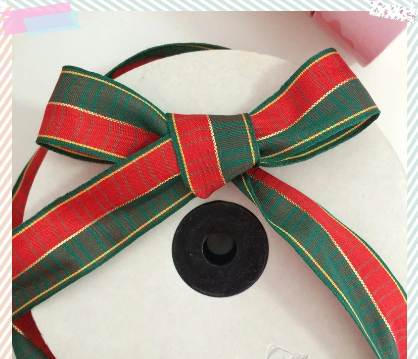 Favorite 25MMX10YARD Gold Line Christmas Ribbon Festival Plaid Ribbons for Decoration New Year Gift wrappin | Дом и сад