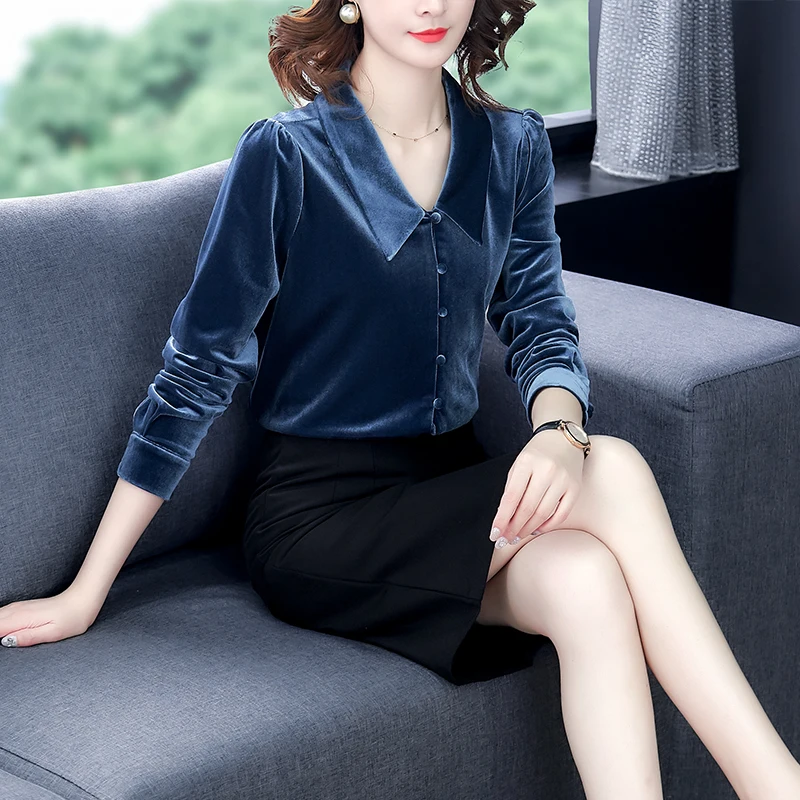 

COIGARSAM Casual Full Sleeve Shirt Womens tops New Spring Brief Office Lady Chiffon Solid Loose Women shirts Blue 6070