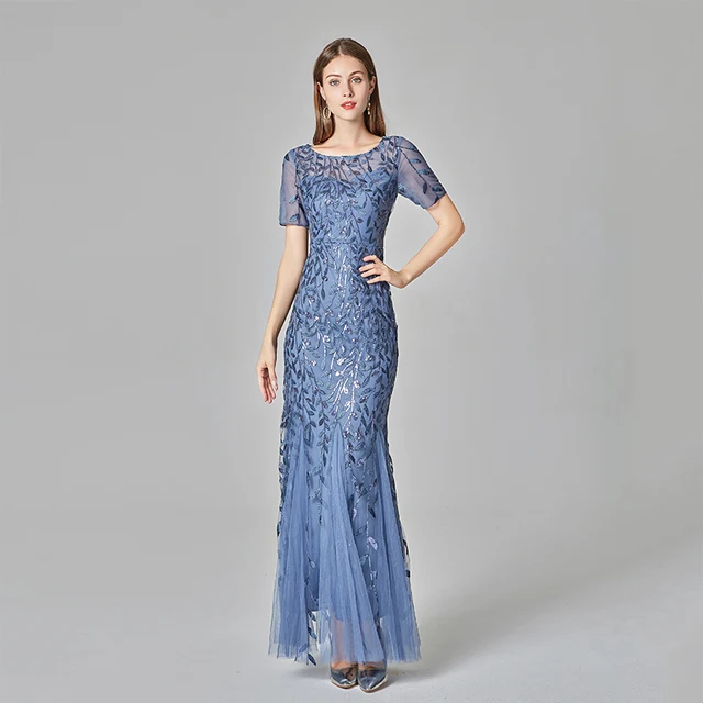 Blue Short Sleeves Lace Applique Organza Tulle Party Dress, Round Neckline Blue Sweet 16 Gown Formal Dress