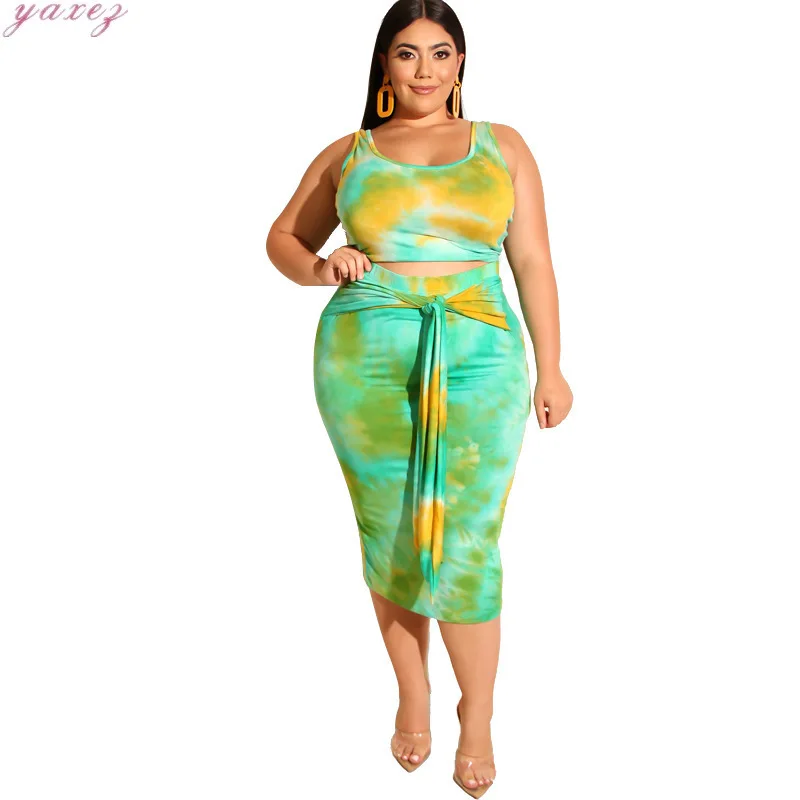 2020 Summer Women Two Piece Outfits Prairie Chic Style New Tie-dye Printed Tight-fitting Bag Hips Fashion 2 Set Plus Size |