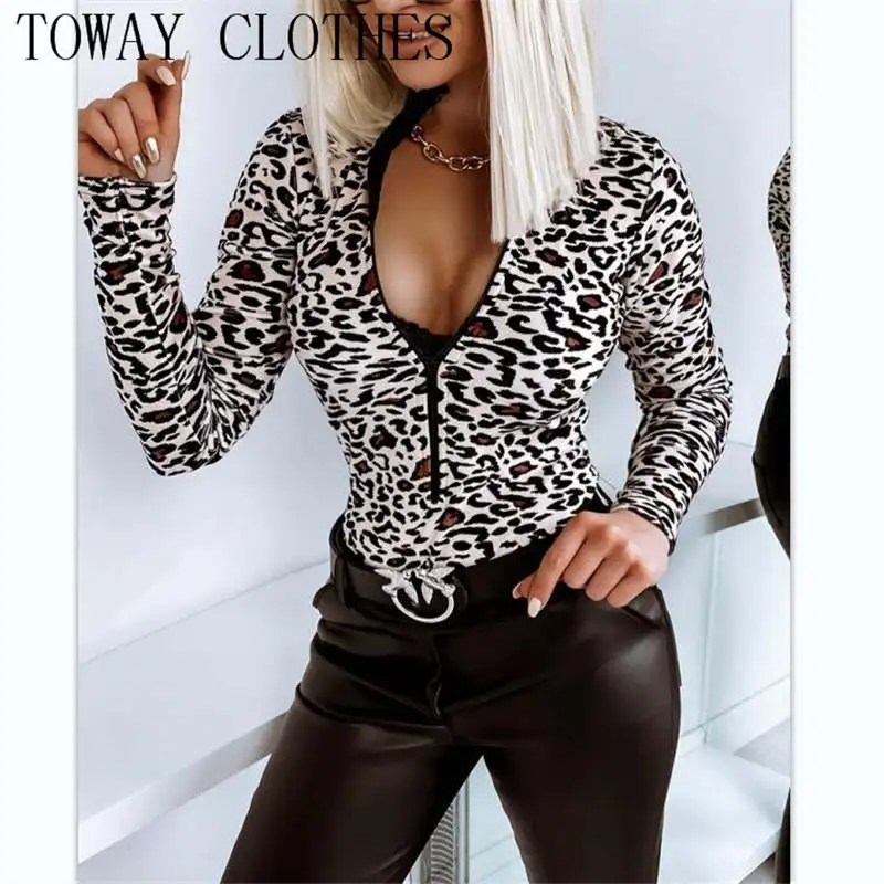 

Women Long Sleeve Leopard Print Zip Front Skinny Bodysuit