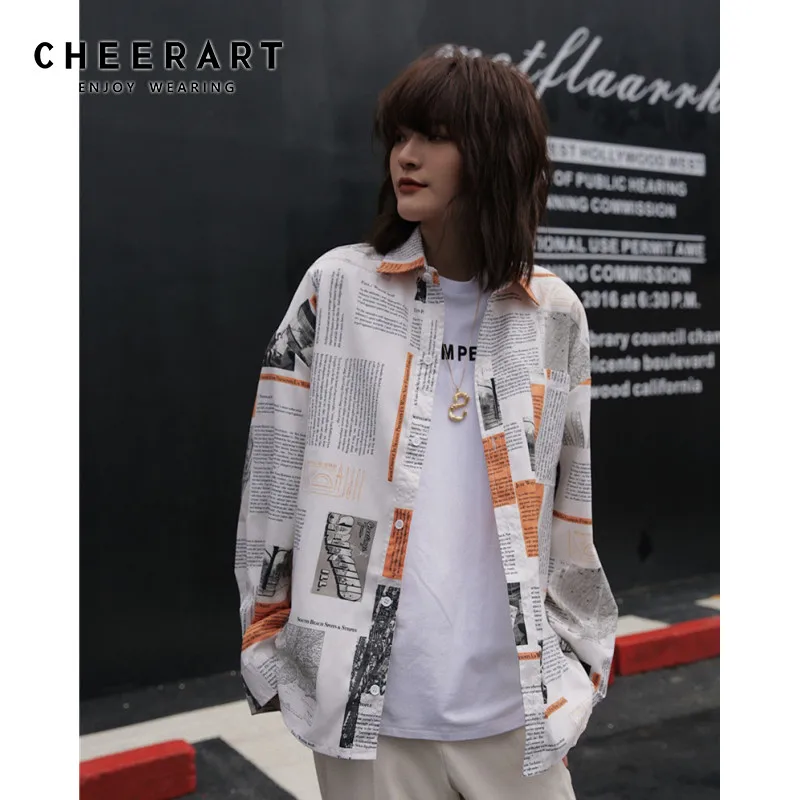 Cheerart уличная газетная рубашка с длинным рукавом Блузка для женщин с буквенным принтом свободные осенние свитеры с пуговицами модная одежда