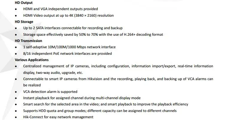 Встроенный разъем& Play 4K NVR DS-7616NI-K2/16 P DS-7608NI-K2/8 P поддержка 1-ch HDMI, 1-ch VGA, HMDI до 4K