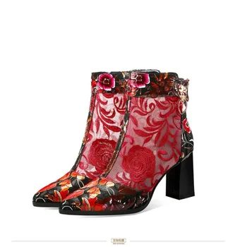 

2020 New Mesh Boots Women Summer Shoes Embroidery Flower Peep Toe For Female Mid Heel Woman Sexy Mesh Women's Sandals