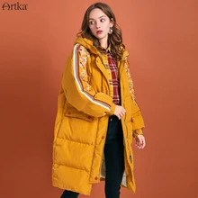 ARTKA/Новинка года; зимнее женское пуховое пальто; 90% белый утиный пух; очень теплая верхняя одежда с капюшоном и вышивкой; длинный пуховик; ZK10195D