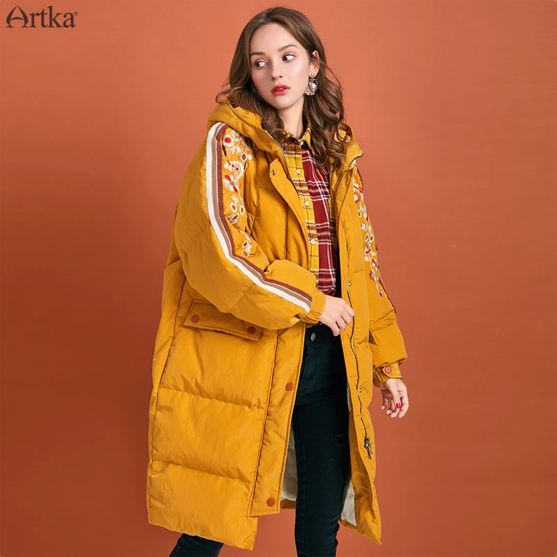 Goede ARTKA 2019 Winter Nieuwe vrouwen Down Jas 90% Witte Eendendons Extreem Warm Uitloper Hooded Geborduurd Lange Donsjack ZK10195D