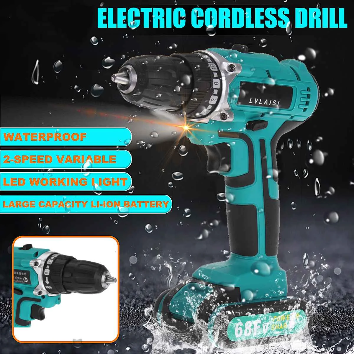 

68FV Cordless Drill 2 Speed Adjustment Large Capacity Battery 28Nm Li-ion Electric Drill LED Lighting With Charger