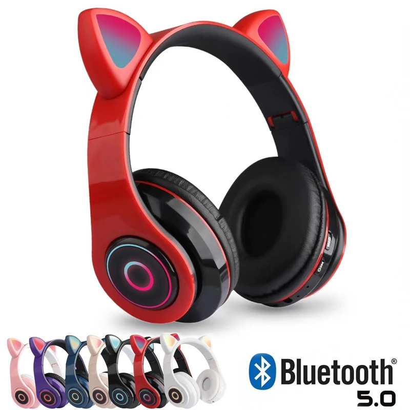 Kids Bluetooth5 0 Headphone Foldable LED Glowing Cat Earphone Music Headset with MIC for Handsfree Boys Girls Birthday Gifts