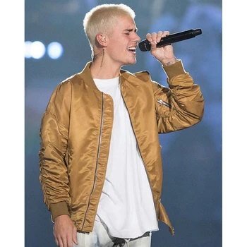 

JUSTIN BIEBER Spring Bomber Jacket MA1 Streetwear Flight Coats Man Polit Jackets 2020 Mens Coat Gold Color Solid Stand Collar