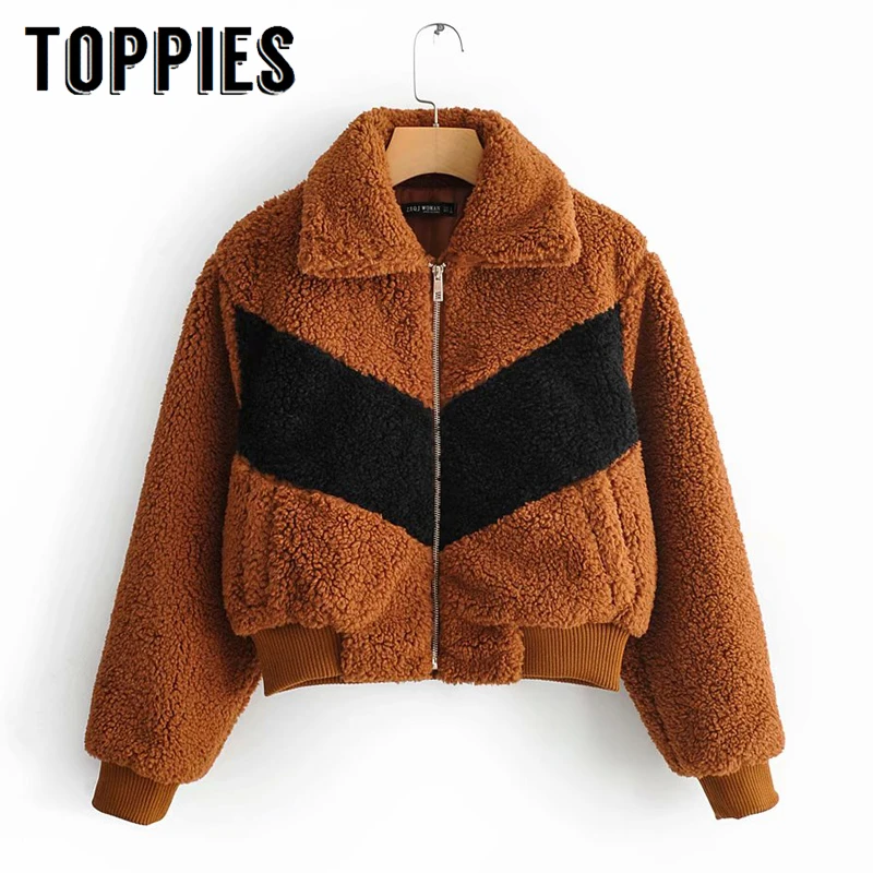 

2019 Winter Faux Fur Coat Women Long Sleeve Spliced Short Jacket Soft Zipper Plush Coat Outwear