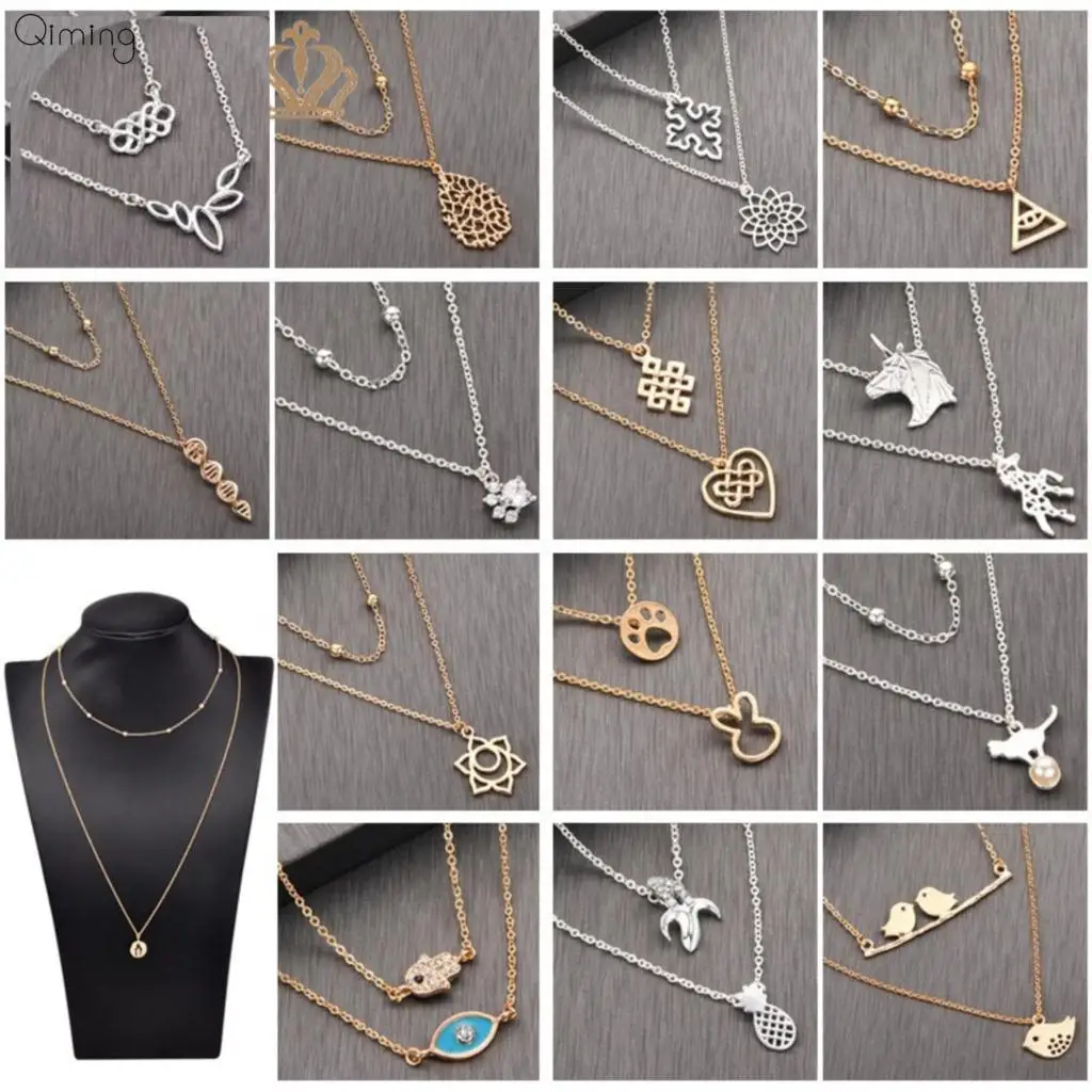 

Statement Muti Layer Pendant Necklace For Women Geometric Gold Chain Long Necklaces DNA Animal Boho Vintage Choker Necklace Gift
