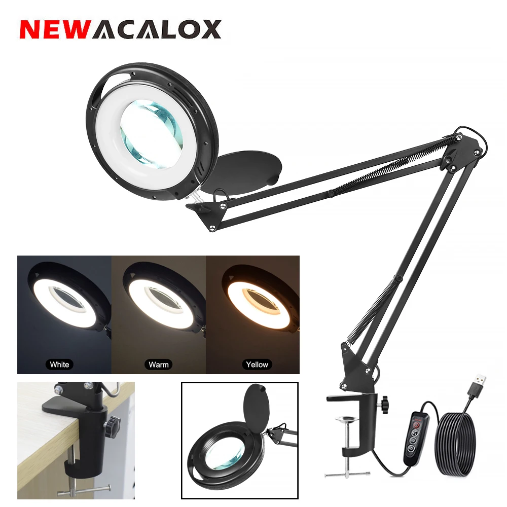 NEWACALOX 5X Magnifying Glass with 3 Colors LED Light Table Clamp Desk Lamp Soldering Third Hand Folding Illuminated Magnifier