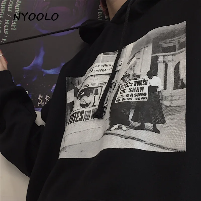 NYOOLO/Винтажные черные и белые теплые толстовки с принтом, осенне-зимние Бархатные пуловеры с капюшоном, толстовка, Женская Мужская одежда, топы
