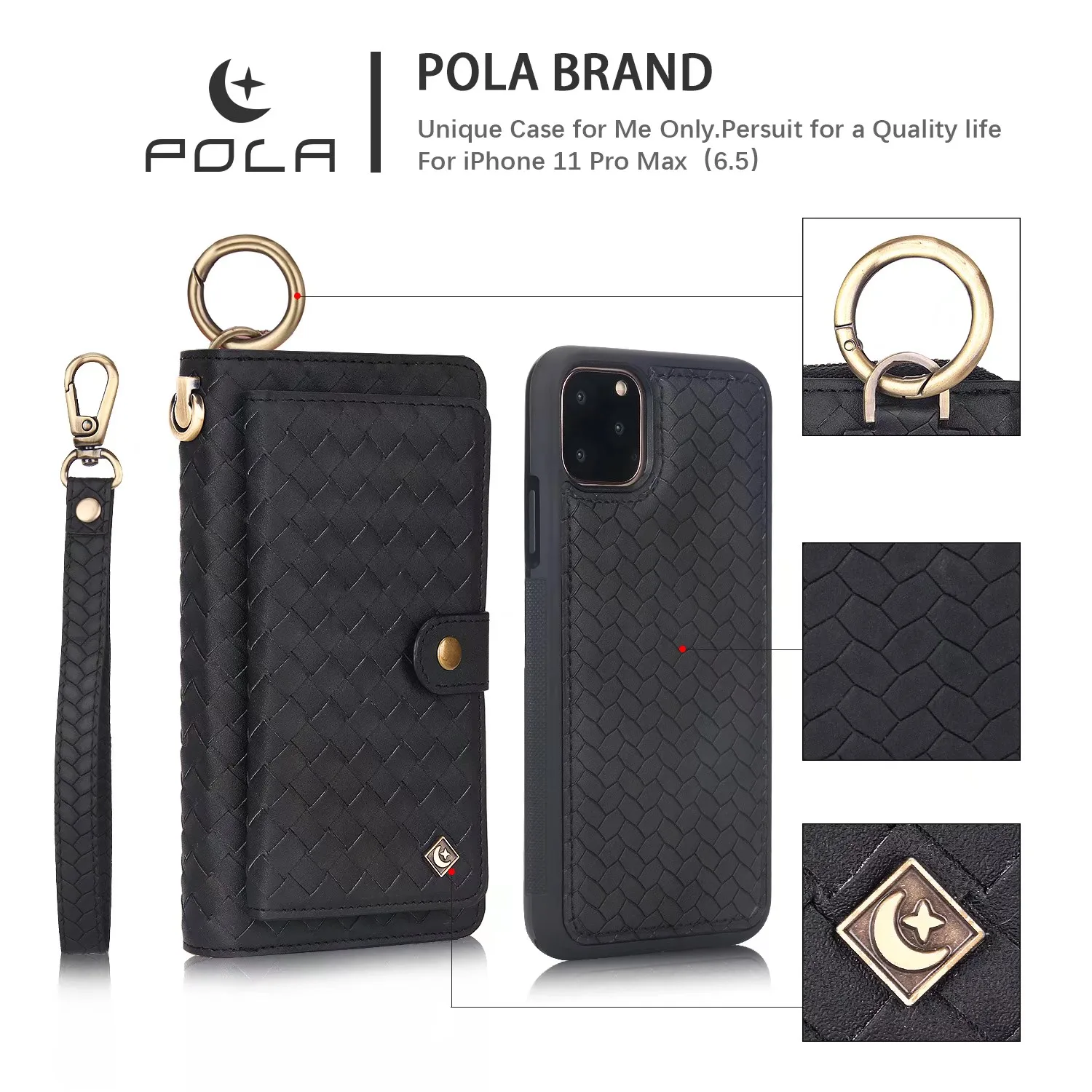 POLA модный кожаный чехол-кошелек с тканым узором для iPhone 11 Pro Max, магнитное съемное автомобильное кольцо