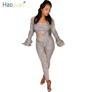 

HAOYUAN Sexy Hot Stamping Shiny Two Piece Set Festival Clothing Crop Coat Jumpsuit Club Birthday Outfits for Women Matching Sets
