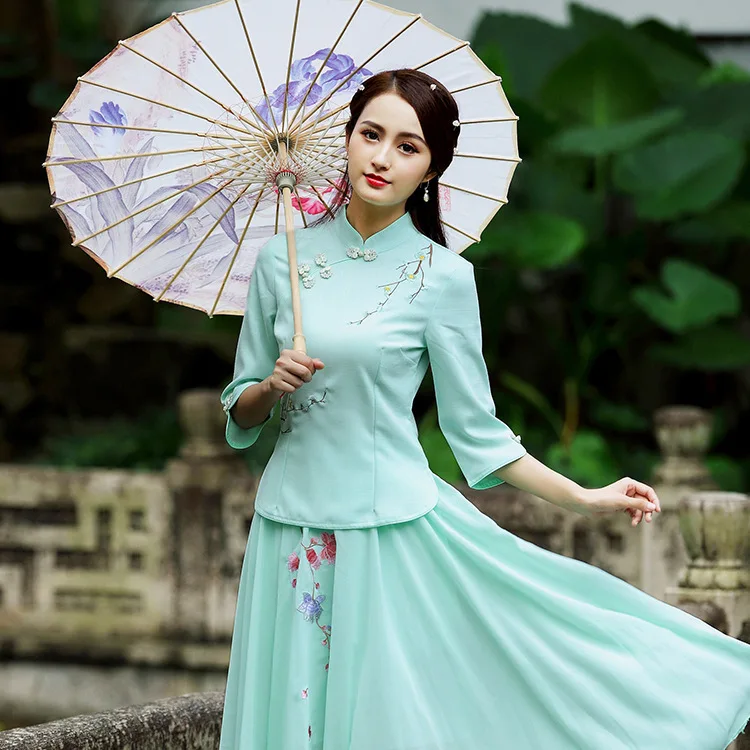 Sheng Coco хлопок лен, Ципао Топы женские вышивка сливы цветок китайский стиль розовые рубашки классическая элегантная традиционная блуза