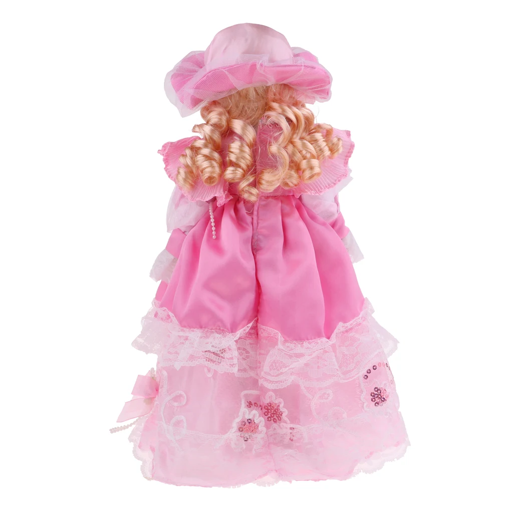 40cm Porcelain Doll Beautiful Vintage Lady Figures in Pink Princess Clothes with Wooden Stand for Adults Collections 