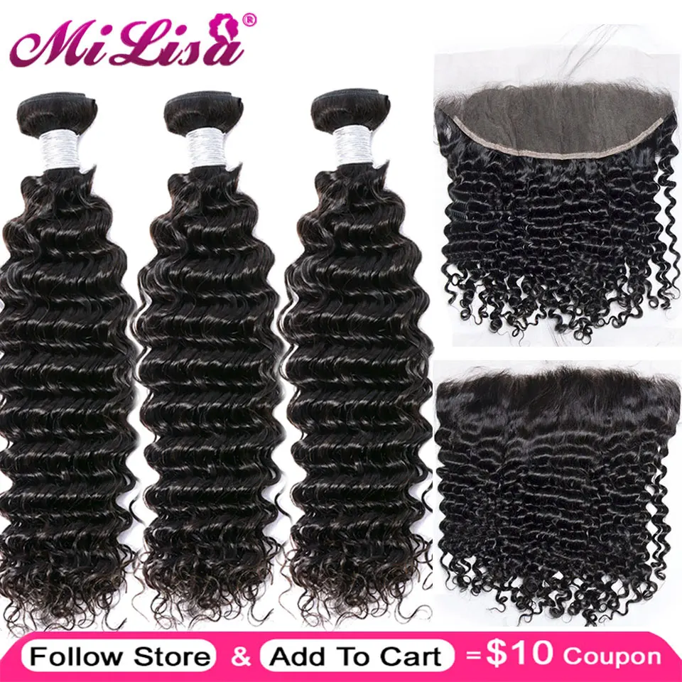 

Mi Lisa Deep Wave 10 - 30 Inches H 3 Bundles With Frontal Brazilian Human Hair Weave Bundle With Closure Remy Hair