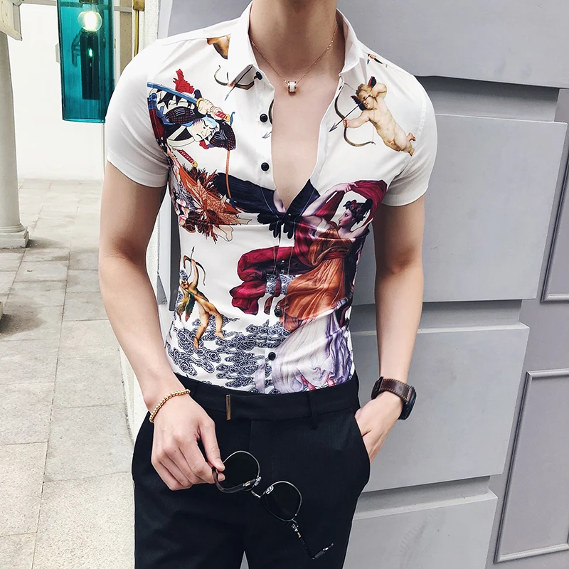 

2019 Men Shirt Multi Color Lump Chest Pocket Short Sleeve printing Hem Loose Shirts Camisas masculina Bohemia leisure shirt 3XL