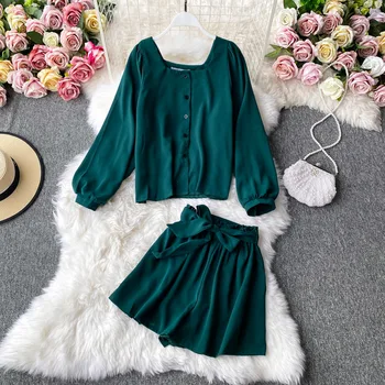 

Autumn Green/Black Two Piece Set Elegant Square Collar Long Sleeve Single-breasted Short Tops And High Waist Wide Leg Short 2020