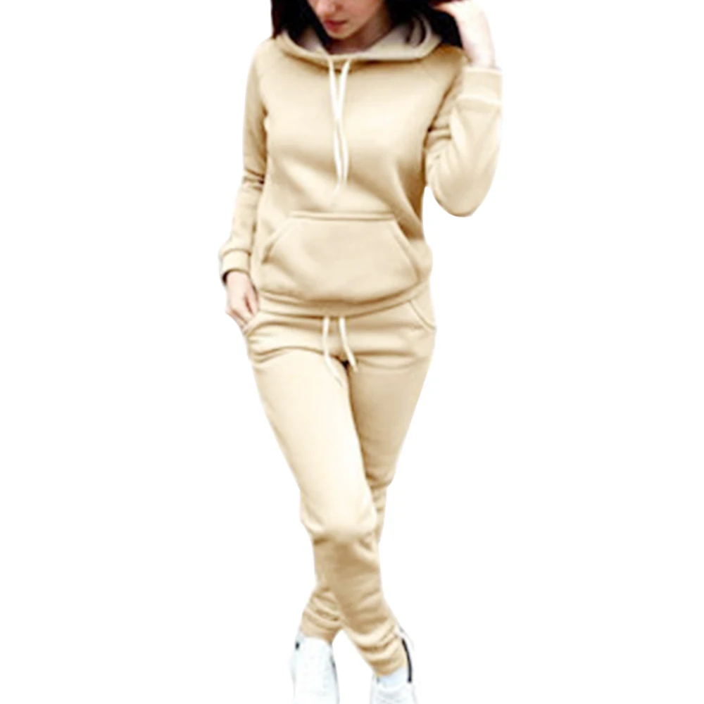 

Women Hooded Two Piece Set Sweater Casual Drawstring Front Pocket Tracksuit Pullover Top+Pant Outfit 2019 Autumn Lace Up Suits