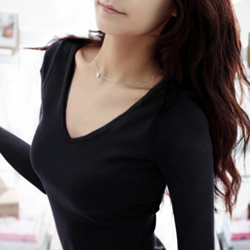 

2019 Spring New Style WOMEN'S Dress Slim Fit Versatile V-neck Solid Color Long Sleeve Base Shirt Qmilch T-shirt Women's