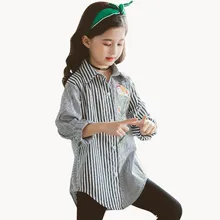 Блузка для девочек рубашка с цветочной вышивкой для девочек, полосатая блузка в стиле пэчворк для девочек, осенняя Корейская одежда для девочек 6, 8, 10, 12, 14 лет