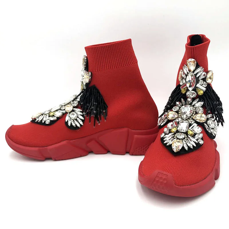 Роскошные Стразы спортивная обувь с украшением в виде кристаллов Для женщин модные кроссовки стрейч носок сапоги спортивная мужская вязаный носок кроссовки красного цвета повседневная обувь WK109