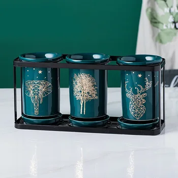 

Nordic Light Luxury Dark Green Ceramic Chopsticks Tube Set Household Drain Knife and Fork Storage Box Kitchen Storage Container