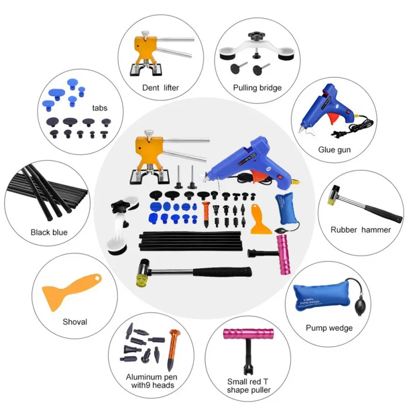 

Paintless Dent Repair Tools Car Hail Damage Repair Tool Hot Melt Glue Sticks Glue Gun Puller Tabs Kit