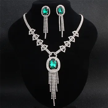 

Vintage Female Green Crystal Jewelry Set Charm Silver Color Wedding Drop Earrings For Women Bridal Geometry Long Chain Necklace