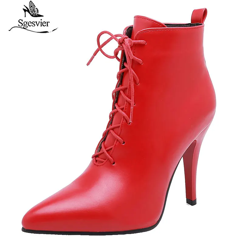 Sgesvier/ботинки на шнуровке с острым носком; модные пикантные ботильоны белого и красного цвета; Женские однотонные вечерние ботинки; элегантные зимние ботинки на высоком каблуке