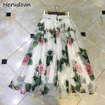 

Herudoan Fashion Designer Summer Chiffon Skirts Women Elegant Rose Floral Print High Waist Ladies Midi Skirts