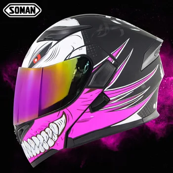 

Soman SM-X5 Full Face Motorbike Helmets Flip up Dual Visors Classic Retro DOT Ventilate Motorcycle Helmet+K5 Multi Lens