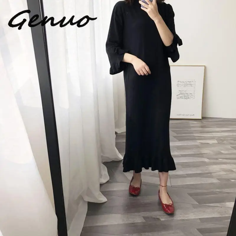 Genuo, новинка, весеннее женское платье, повседневное, сплошной цвет, цветной раструб, рукава, гофрированное, декоративное, свободное, вязаное платье