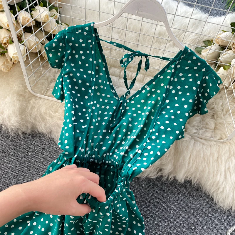 SINGRAIN Women Irregular Polka Dot Long Dress V Neck Chiffon Ruffle Sleeve Boho Midi Long Dress Summer A-line Beach Dress 2020