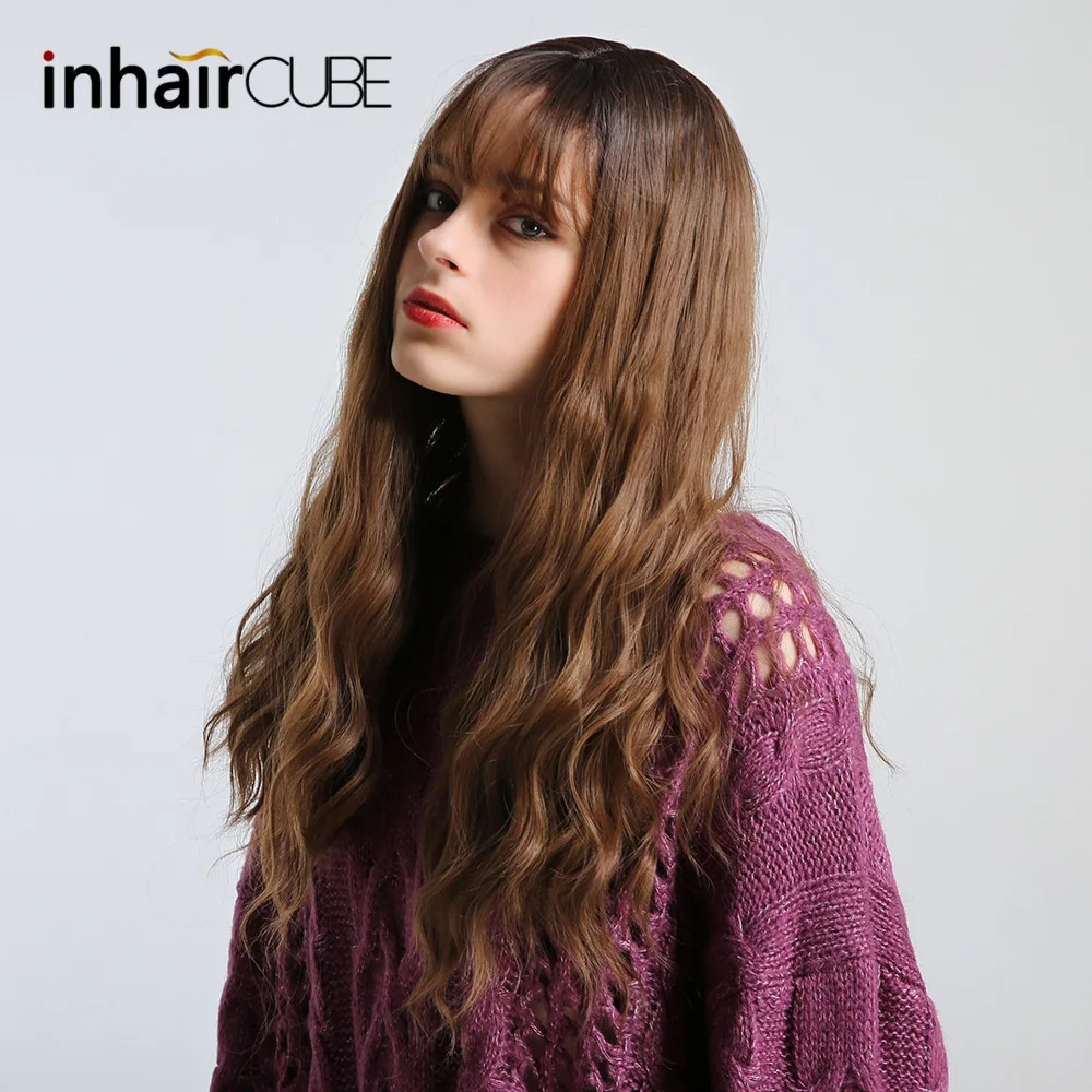 Inhaircube длинные коричневые кудрявые женские парики с челкой синтетический парик