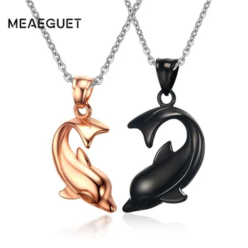 

Meaeguet 1 Pair Cute Dolphin Necklace & Pendant Rose Gold Color Choker Stainless Steel Colar For Lover's Jewelry With 50cm Chain