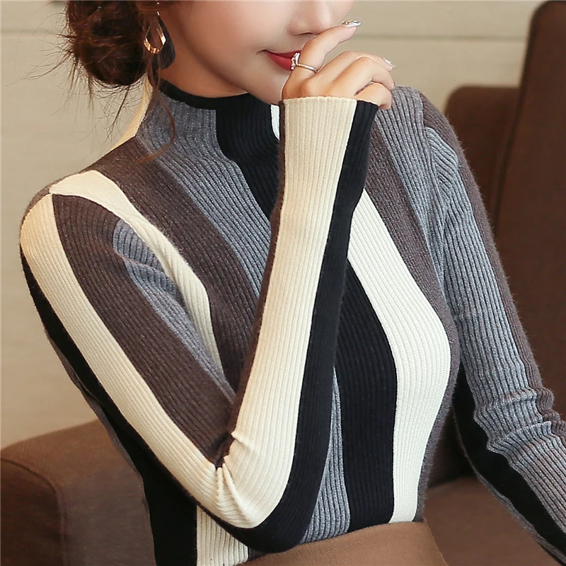 

Slim Sweater 2020 Autumn Winter Half-Collar Long-Sleeved Pullovers Sweater Knitwear Long Sleeves Striped Bottoming Tops 00G