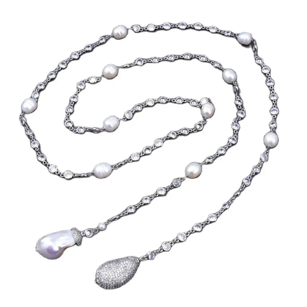 Gg Jewelry 49 White Keshi Pearl Cz Pave White Gold Plated Chain Long 