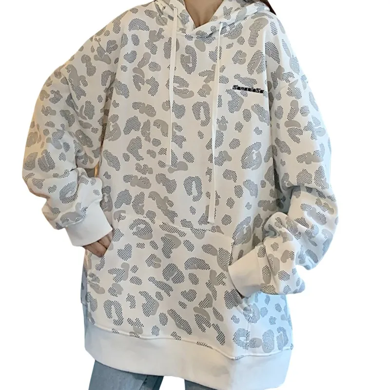 

Winter Casual Harajuku Leopard Women Hoodie Fashion Sweatshirt Loose Plus Fleece Long Sleeves Pullover Letter Pink Coat Female